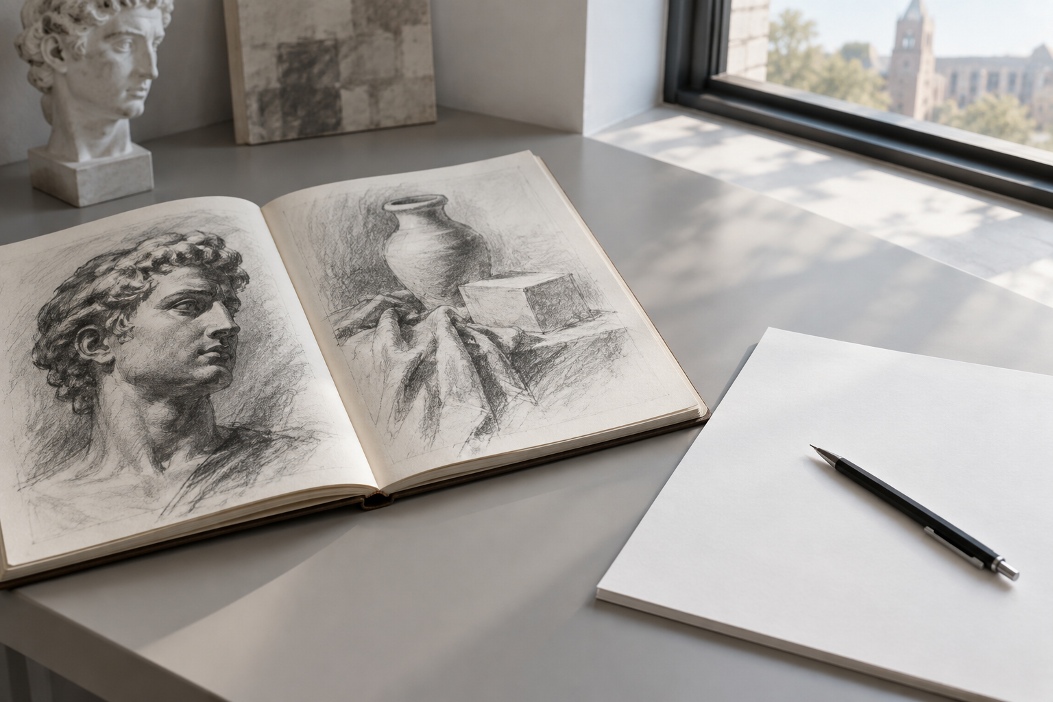绘画作品集、规划纸张与笔的桌面场景